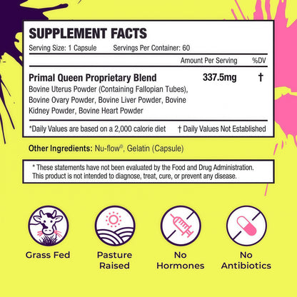 Click to see full view Primal Queen Female-Optimized Beef Organ Superfood Supplement (Beef Liver, Kidney, Heart, & 3 More) - 100% Grass Fed, Pasture Raised - 3rd Party & Clinically Tested