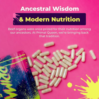 Click to see full view Primal Queen Female-Optimized Beef Organ Superfood Supplement (Beef Liver, Kidney, Heart, & 3 More) - 100% Grass Fed, Pasture Raised - 3rd Party & Clinically Tested