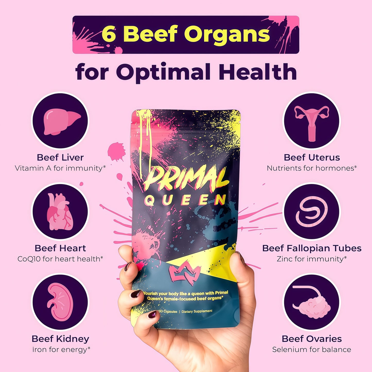 Click to see full view Primal Queen Female-Optimized Beef Organ Superfood Supplement (Beef Liver, Kidney, Heart, & 3 More) - 100% Grass Fed, Pasture Raised - 3rd Party & Clinically Tested